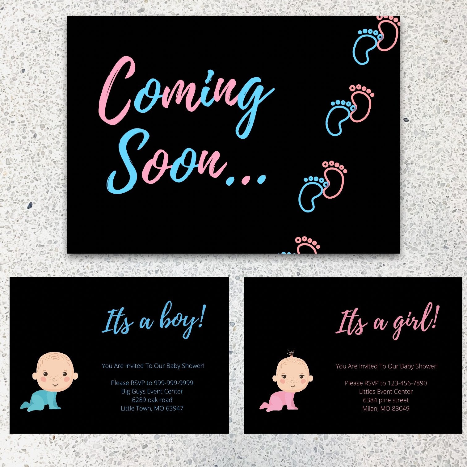 "Customizable baby gender reveal card digital download."