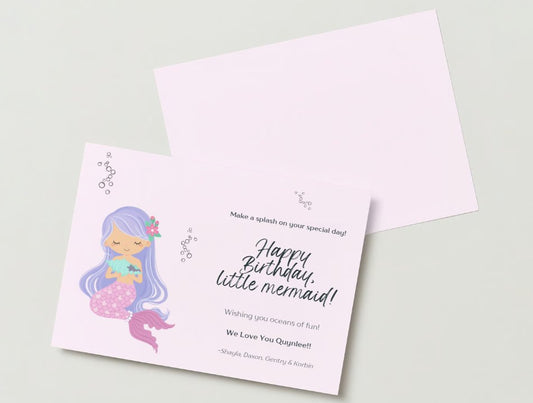 "Editable Little Mermaid Birthday Card ready for personalization."