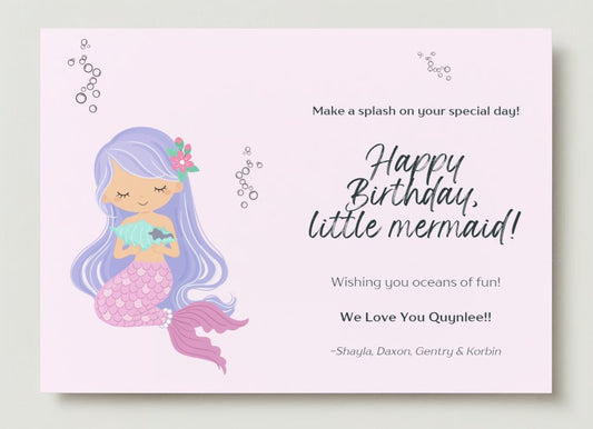 "DIY printable mermaid birthday card with customizable text."