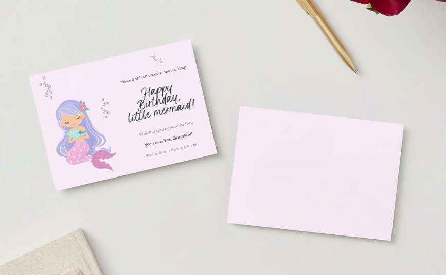 "Personalize your mermaid card using Canva with this template."