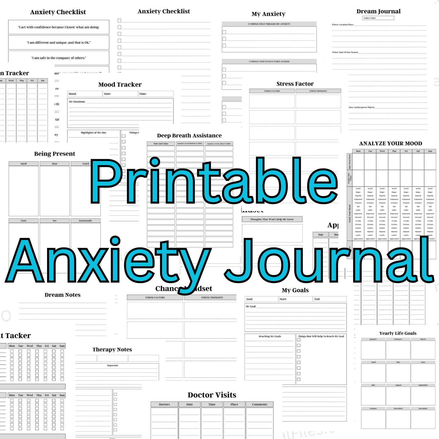 Printable anxiety journal template for tracking emotions and stress
