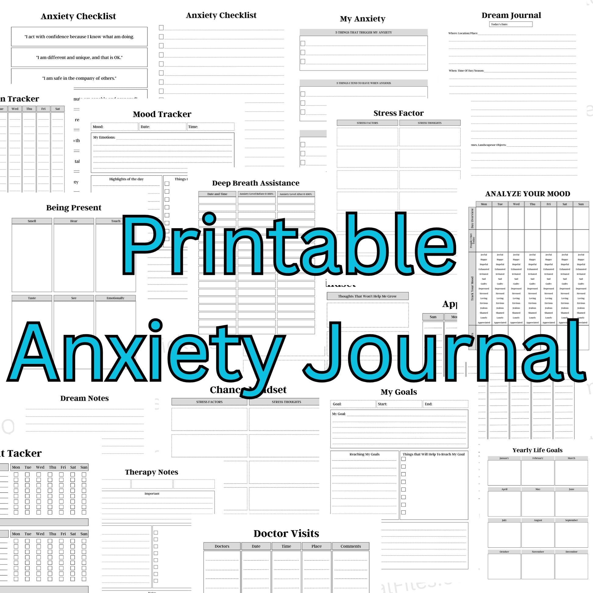 Printable anxiety journal template for tracking emotions and stress
