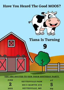 Customizable barn and cow birthday invite for kids' party.