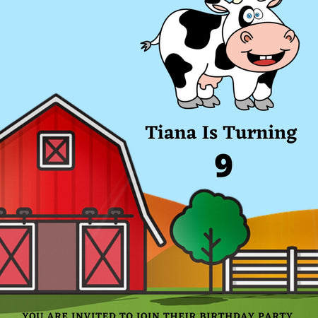 Customizable barn and cow birthday invite for kids' party.