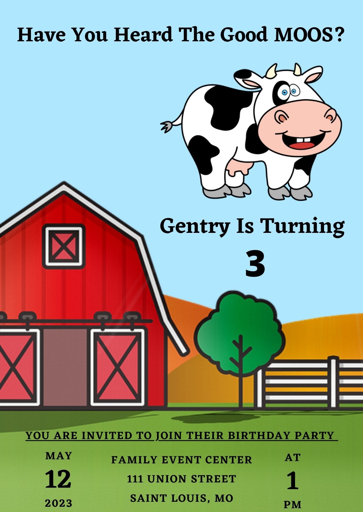 DIY farm-themed invitation with barn and cow illustrations.