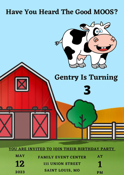 DIY farm-themed invitation with barn and cow illustrations.