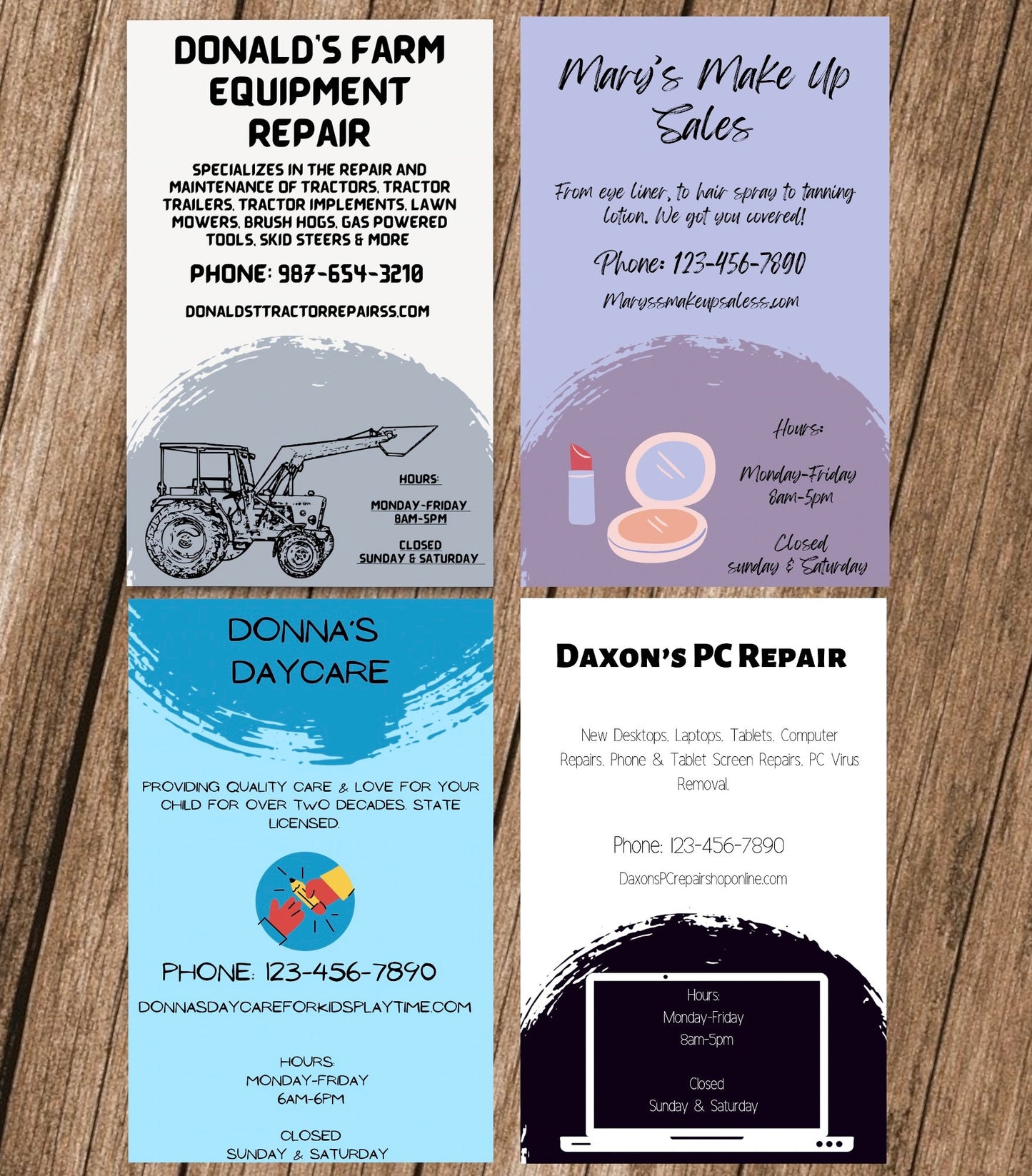 Editable tractor repair business flyers ready for printing.