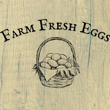 Rustic kitchen decor featuring Farm Fresh Eggs graphic design.