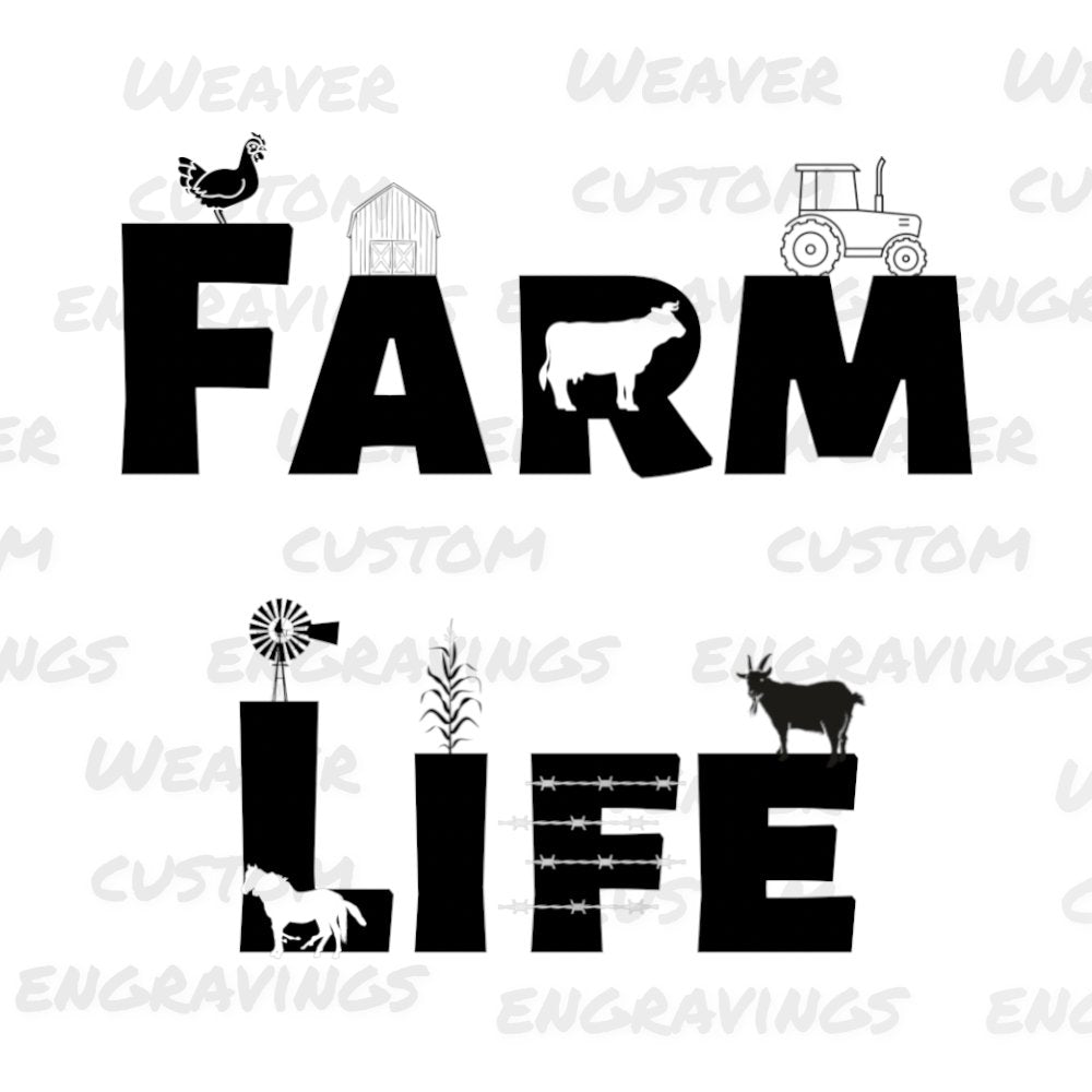Farm Life Adventures digital art in black and white silhouette.