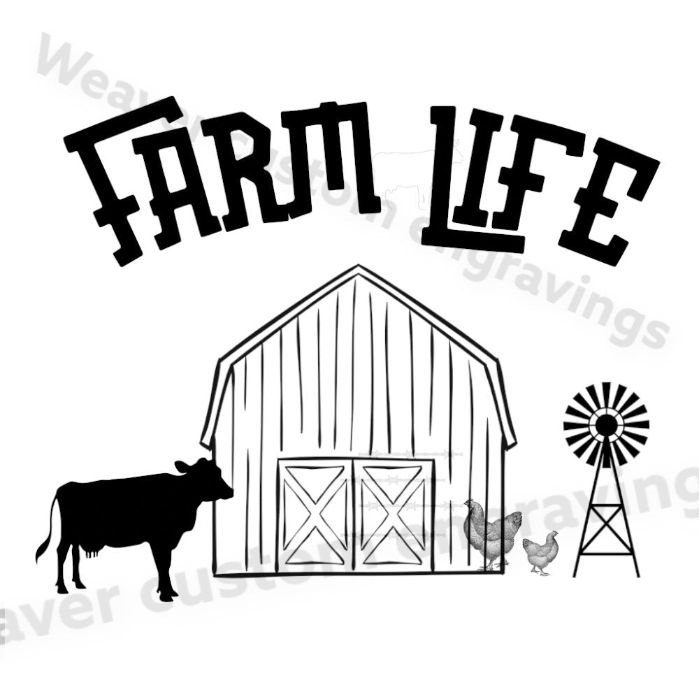 "Charming farm life graphic with barn, windmill, cow, and chickens"
