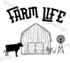 "Charming farm life graphic with barn, windmill, cow, and chickens"