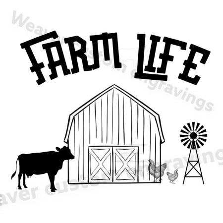 "Charming farm life graphic with barn, windmill, cow, and chickens"