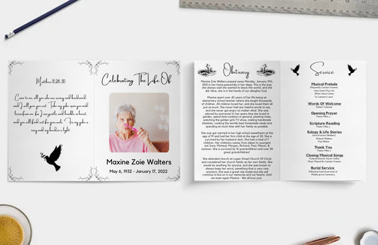 "Editable funeral service program template for Canva."
