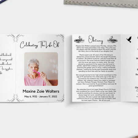 "Editable funeral service program template for Canva."