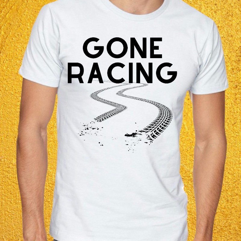 "High-speed 'Gone Racing' silhouette graphic in black and white."