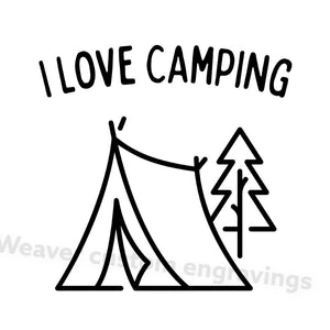 "I Love Camping digital design with tent and tree silhouette"