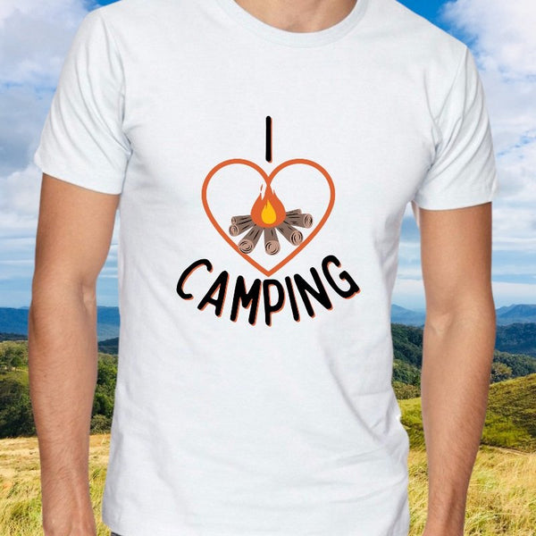 "I Love Camping with campfire heart design in vibrant colors"