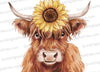 "Watercolor Highland cow with vibrant yellow flower clipart PNG."