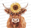 "Watercolor Highland cow with vibrant yellow flower clipart PNG."