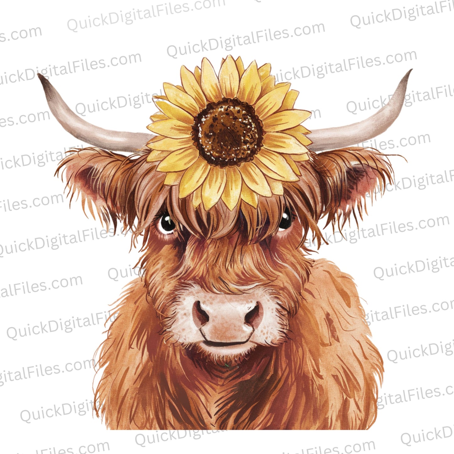 "Watercolor Highland cow with floral crown JPEG for home decor."