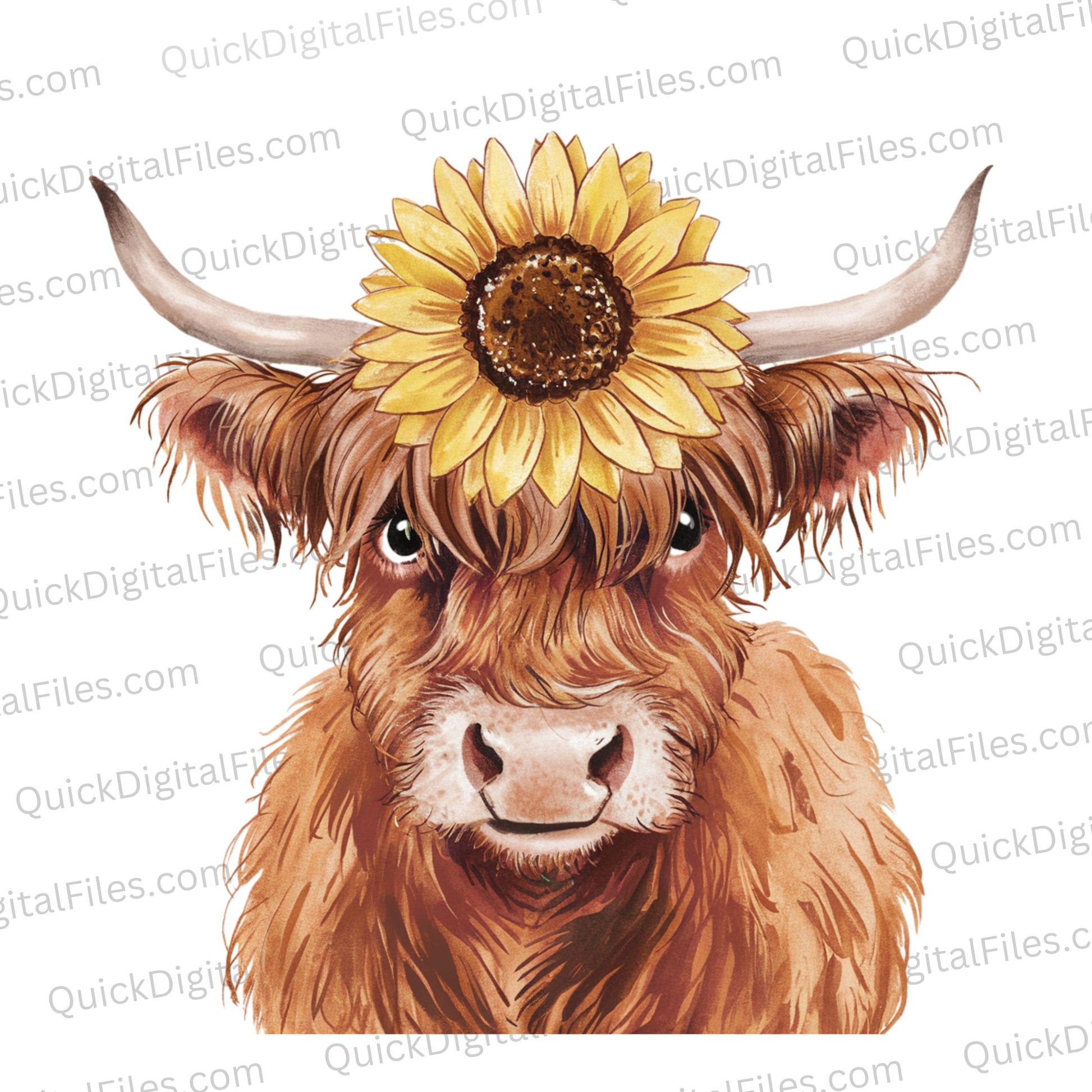 "Watercolor Highland cow with floral crown JPEG for home decor."