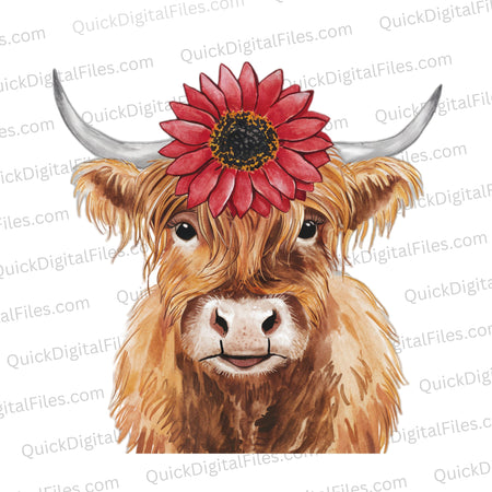 "Artistic Highland cow illustration with red floral accent JPEG."