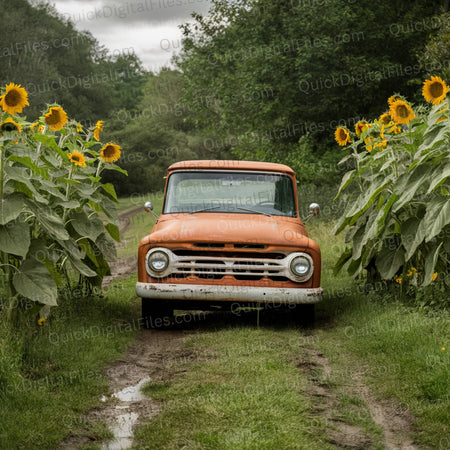 Rustic vintage orange truck backdrop on a muddy pathway surrounded by sunflowers