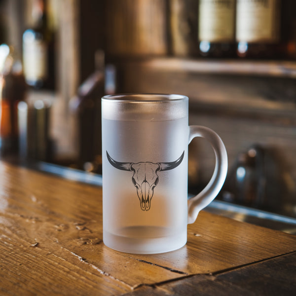 Glass mug mockup with curved handle and warm bar setting
