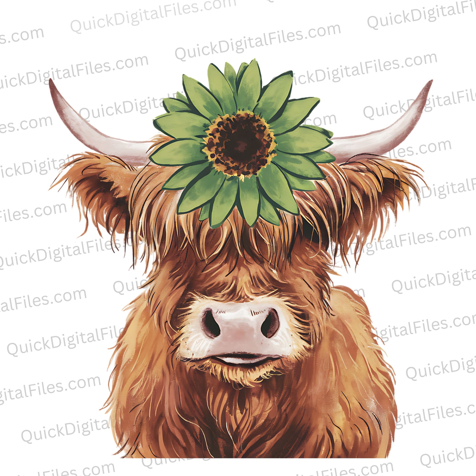 "Watercolor Highland cow with green flower clipart PNG."
