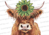 "Watercolor Highland cow with green flower clipart PNG."