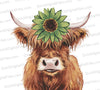 "Watercolor Highland cow with green flower clipart PNG."