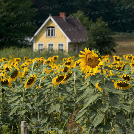 Picturesque countryside backdrop with sunflowers and a quaint yellow house