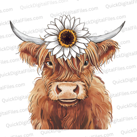 "Watercolor Highland cow with white flower clipart PNG."