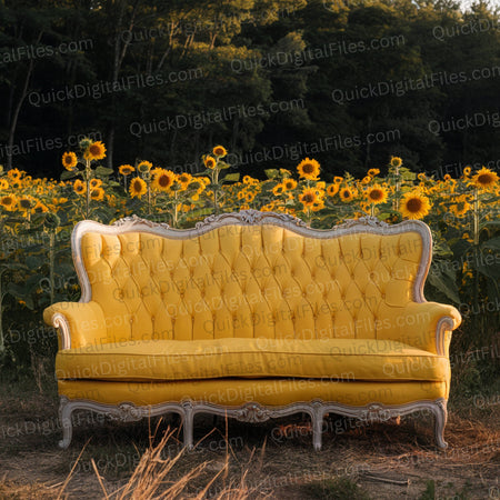 High-quality photo backdrop of a vibrant yellow tufted sofa in a sunflower field