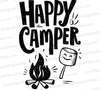 "Black and white 'HAPPY camper' illustration with campfire marshmallow roast."