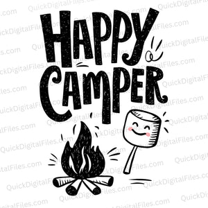 "Black and white 'HAPPY camper' illustration with campfire marshmallow roast."