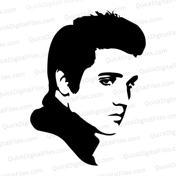 Elvis silhouette SVG artwork in black and white for vintage projects.