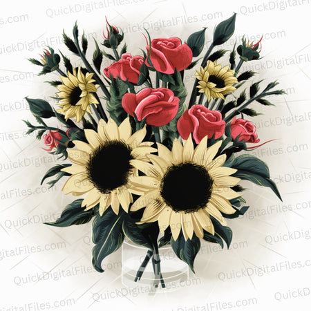 PNG image of sunflowers and roses bouquet artwork for home decor.