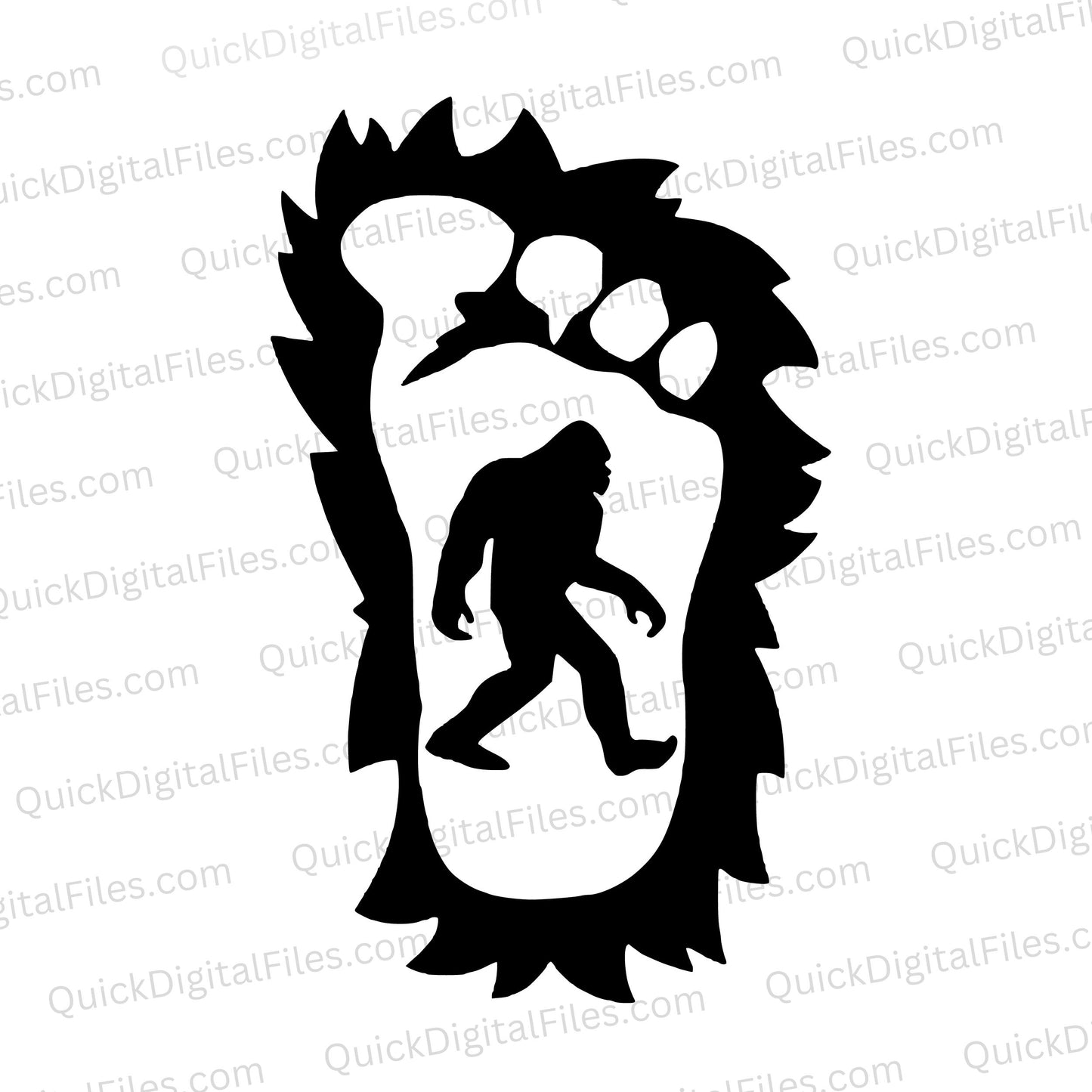 "Bigfoot footprint SVG with Sasquatch silhouette for cryptid enthusiasts."