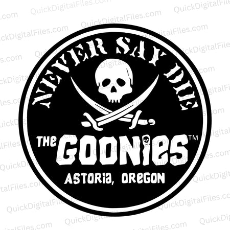 Goonies-inspired black and white pirate skull SVG design.