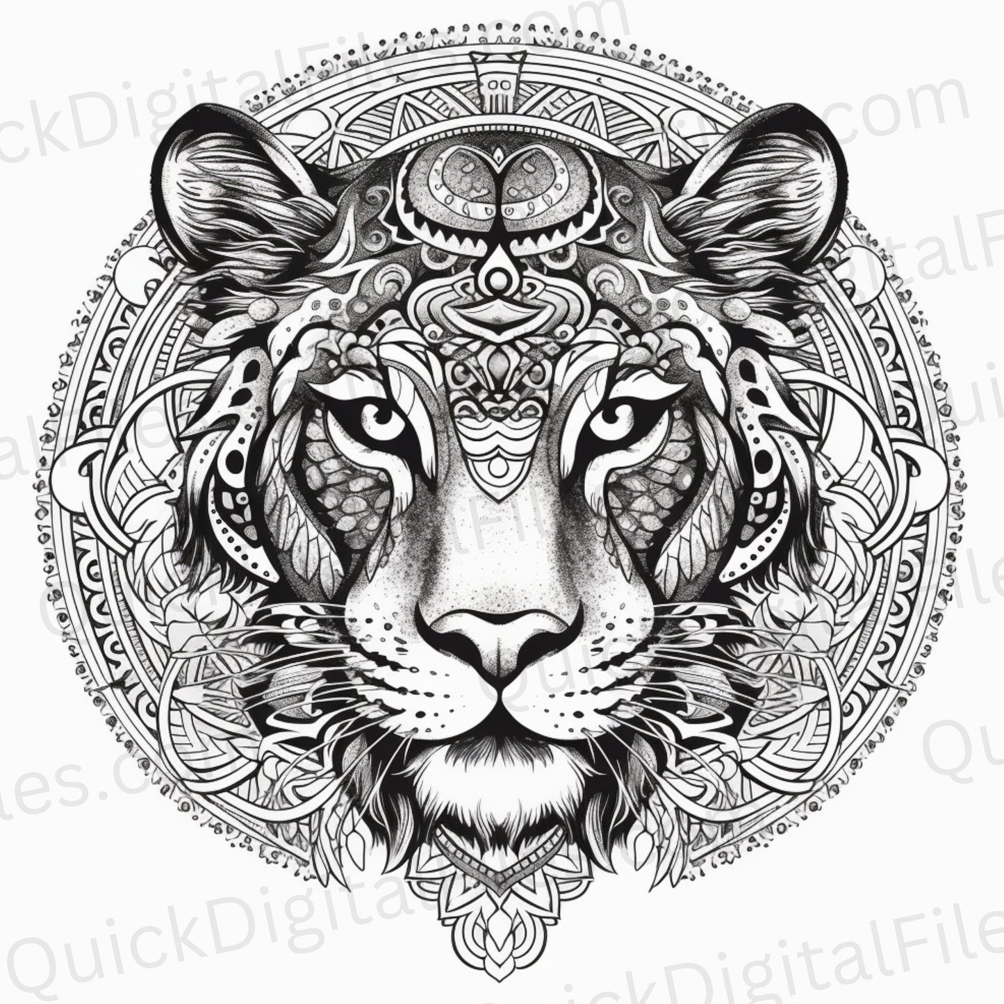 Digital download of mandala tiger art in stunning dithered look