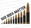 "PNG graphic of bullet casings in size order with humorous text."