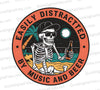 "Beach skeleton emblem with 'Easily Distracted by Music and Beer' text."