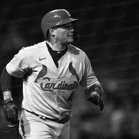 High-resolution black and white image of Yadi Molina in action.