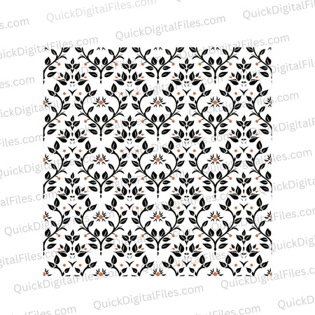 "Endless repeating boho leaf design in vibrant orange and black."