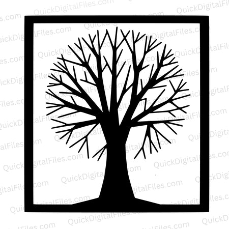 Leafless tree silhouette in square frame SVG graphic for DIY decor