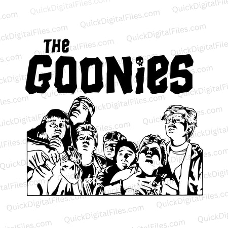 Detailed SVG illustration of The Goonies kids under movie title text.