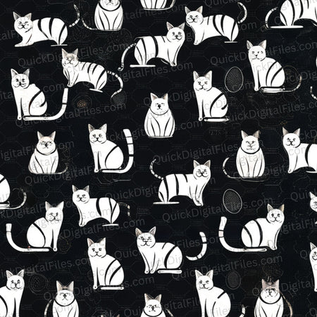 "Black and White Silhouette Cat Pattern PNG"