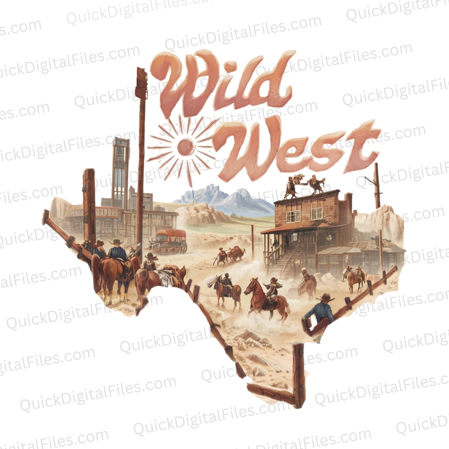 "Wild West Texas" PNG artwork with a cowboy scene in the Texas outline.