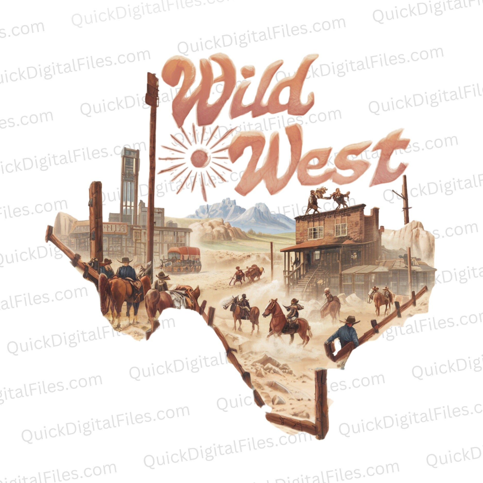 "Wild West Texas" PNG artwork with a cowboy scene in the Texas outline.